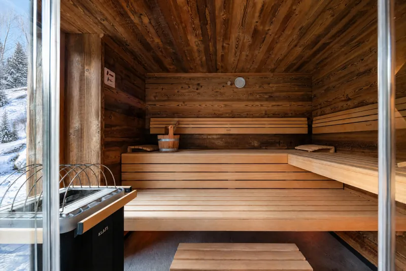Verglaste Panorama-Sauna mit Bänken und Ofen
