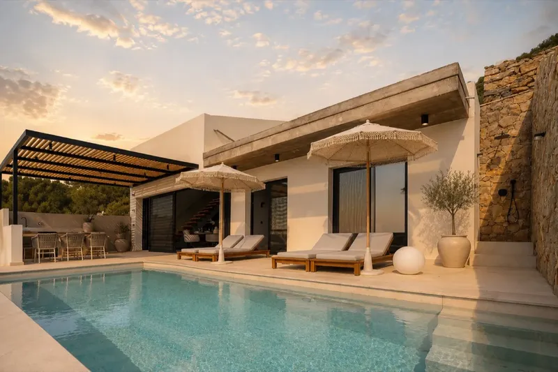 Terrasse der Villa The Infinisea auf Kreta mit privatem Infinity-Pool und Liegen
